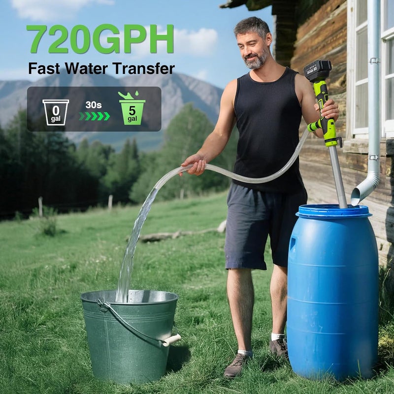 TaskStar Cordless Stick Water Transfer Pump, Portable Battery Powered Sump Pump with 2PCS 4000mAh Rechargeable Batteries, 720GPH, 32FT Lift for Pool/Garden/Pond/Boat/RV/Rain Barrels/Outdoor Draining - Image 2